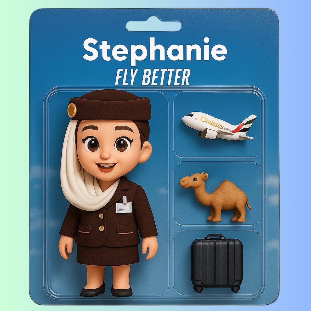 Personalized custom-made 3D figurine of 'Stephanie' the flight attendant, complete with mini airplane, camel, and suitcase accessories, presented in clear retail packaging.