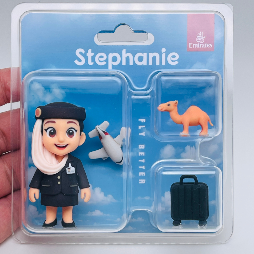 Custom-made 3D figurine of 'Stephanie' the Emirates flight attendant, displayed with miniature airplane, camel, and suitcase accessories in clear retail packaging.