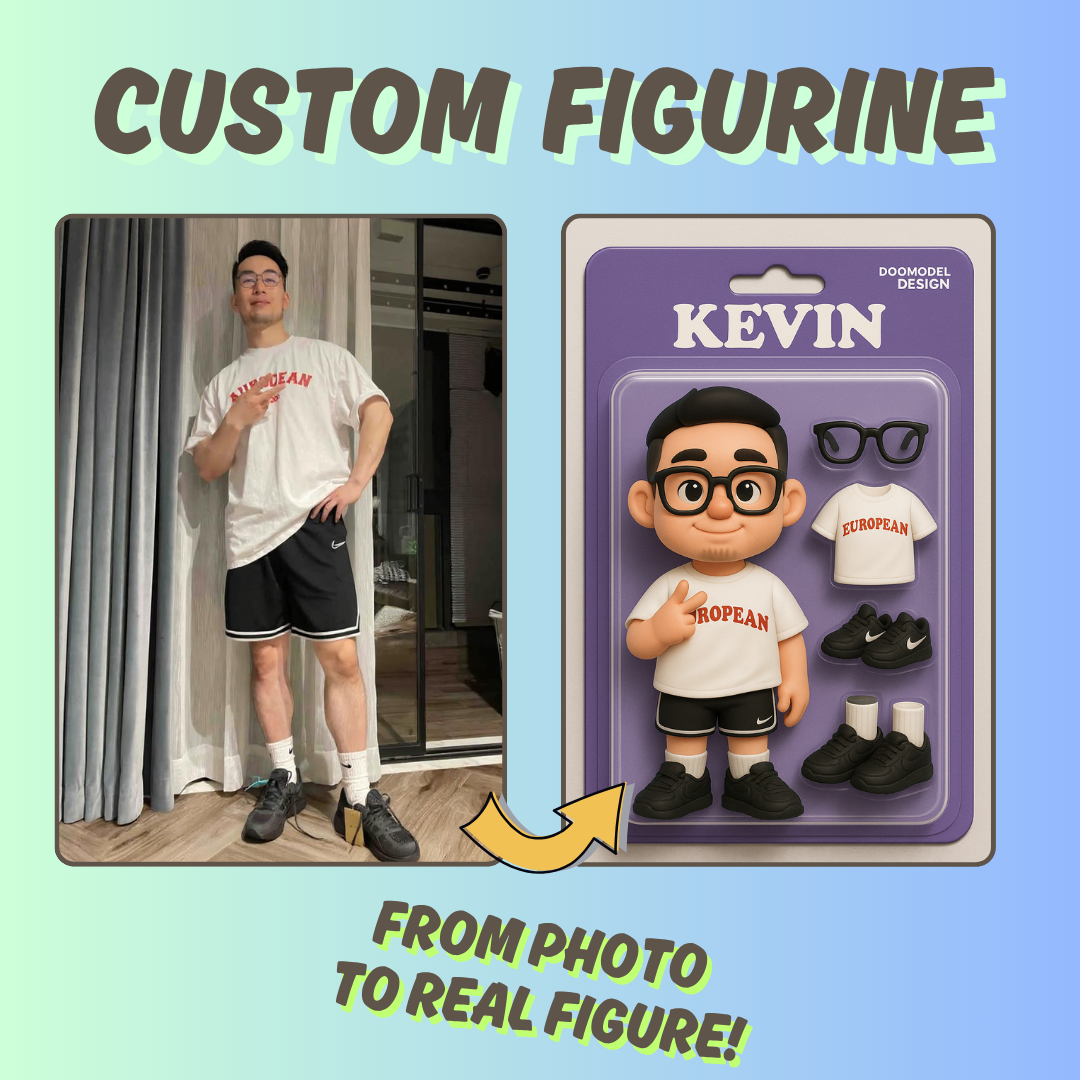 Custom-made 3D figurine of 'Kevin', transformed from his photo into a personalized figure wearing a white t-shirt and shorts, with additional custom clothing and shoe accessories in retail packaging.