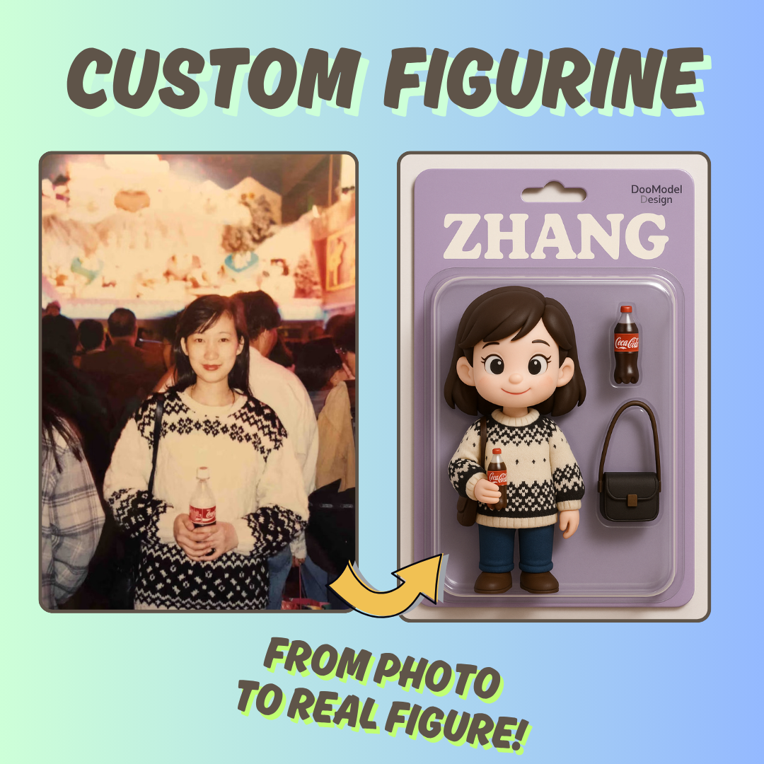 Custom figurine of a woman in a white sweater made from a photo, displayed in a blister pack with matching accessories.